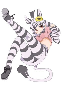 1girl animal_ears animal_print black_hair black_pantyhose black_shoes black_sleeves blunt_bangs blush brown_eyes brown_shirt crop_top extra_ears flower hair_flower hair_ornament highres iwa_(iwafish) kemono_friends long_hair long_sleeves midriff mountain_zebra_(kemono_friends) multicolored_hair pantyhose patterned_hair print_pantyhose print_sleeves shirt shoes short_sleeves sidelocks solo striped_clothes striped_hair striped_pantyhose striped_sleeves sunflower sunflower_hair_ornament two-tone_hair two-tone_pantyhose two-tone_sleeves white_hair white_pantyhose white_sleeves zebra_ears zebra_girl zebra_print zebra_tail