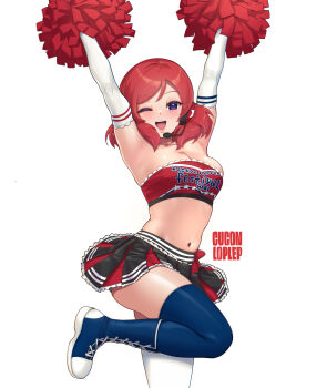 1girl ;d absurdres breasts cheerleader culton elbow_gloves gloves highres love_live! love_live!_school_idol_project medium_breasts navel nishikino_maki one_eye_closed open_mouth pom_pom_(cheerleading) purple_eyes red_hair smile solo stomach thighhighs thighs zettai_ryouiki