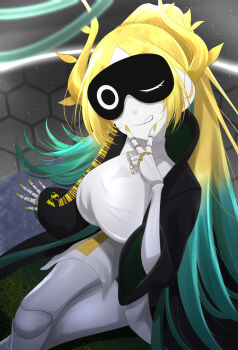 1girl ;q absurdres ad_84 barcode black_coat blonde_hair breasts coat commentary commission english_commentary from_above green_hair highres huge_breasts humanoid_robot joints long_hair looking_at_viewer looking_up metal_skin of_the_devil one_eye_closed pixiv_commission robot robot_girl robot_joints sitting sleep_mask solo tongue tongue_out tsuri_pi v very_long_hair