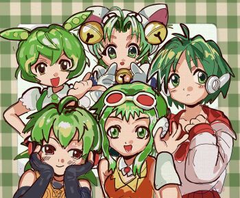 Rule 34 | bell, blush, color connection, commentary, dejiko, di gi charat, fl-chan, fl studio, green eyes, green hair, gumi, hair bell, hair color connection, hair ornament, headphones, highres, kamuta0, multi (to heart), multiple girls, pointing, pointing at self, robot ears, to heart (series), vocaloid, voicevox, zundamon