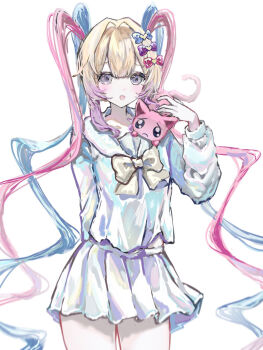 1girl :d blonde_hair blue_bow blue_eyes blue_hair blue_serafuku blue_shirt blue_skirt bow bowtie cat chouzetsusaikawa_tenshi-chan commentary_request hair_bow highres long_hair multicolored_hair multiple_hair_bows needy_girl_overdose o_u_(oe_holi9) open_mouth pien_cat_(needy_girl_overdose) pink_bow pink_hair purple_bow purple_hair quad_tails school_uniform serafuku shirt simple_background skirt smile solo very_long_hair white_background yellow_bow yellow_bowtie