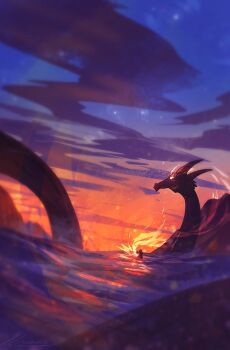 1other animal artist_name atmospheric_perspective burning glowing glowing_eyes holding holding_staff horns light_particles mini_person minigirl mountainous_horizon original painterly scenery sea_dragon signature solo staff standing sunset zandra