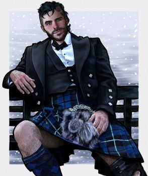 1boy argyle_clothes argyle_socks beard black_hair black_jacket black_vest blue_eyes blue_skirt blue_socks call_of_duty call_of_duty:_modern_warfare_3 collared_shirt facial_hair felrija highres jacket kilt looking_at_viewer male_focus open_clothes open_jacket plaid_clothes plaid_skirt scottish_clothing shirt short_hair sitting skirt soap_(modern_warfare_2) socks solo vest white_shirt