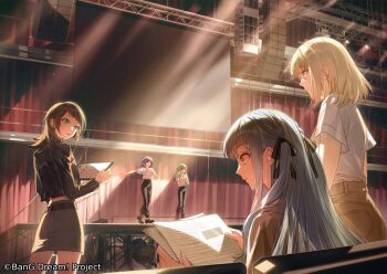 5girls ave_mujica_(bang_dream!) bang_dream! bang_dream!_it's_mygo!!!!! black_jacket black_pants blonde_hair blue_hair commentary_request grey_skirt guest_art hair_ribbon jacket leafballoon long_hair medium_hair misumi_uika multiple_girls official_art pants purple_hair ribbon second-party_source shirt short_hair short_sleeves sidelocks skirt theater togawa_sakiko wakaba_mutsumi white_shirt yahata_umiri yellow_eyes yuutenji_nyamu