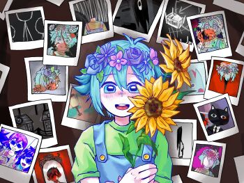 1boy absurdres antenna_hair aubrey_(headspace)_(omori) aubrey_(omori) basil_(headspace)_(omori) basil_(omori) blue_overalls butler_(omori) colored_skin double-parted_bangs faceless faceless_male flower flower_wreath green_eyes green_hair green_shirt hair_between_eyes head_wreath hellmari_(omori) hero_(headspace)_(omori) hero_(omori) highres holding holding_flower kel_(headspace)_(omori) kel_(omori) looking_at_viewer omori open_mouth overalls photo_(object) pyoppyop_omori shirt short_hair short_sleeves sidelocks solo something_(omori) spoilers sunflower sunny_(omori) t-shirt teeth tongue upper_body upper_teeth_only white_skin