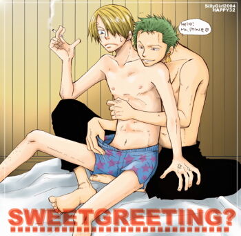 Rule 34 | 2boys, blonde hair, boxers, cigarette, green hair, lingerie, male focus, male underwear, multiple boys, one piece, roronoa zoro, sanji (one piece), topless male, short hair, smoking, text focus, underwear, yaoi