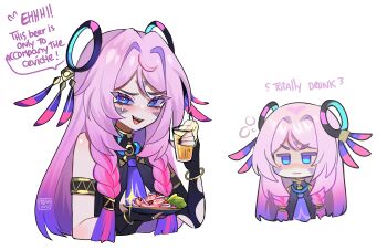 Rule 34 | 1girl, absurdres, alcohol, armlet, artist name, bangle, bare shoulders, beer, black bodysuit, black nails, blue eyes, blush, bodysuit, bracelet, braid, breasts, bridal gauntlets, citlali (genshin impact), cleavage cutout, closed mouth, clothing cutout, commentary, cup, drinking glass, drunk, empty eyes, english commentary, english text, facial mark, feather hair ornament, feathers, fingernails, flying sweatdrops, food, forehead mark, genshin impact, gold armlet, gold ring, gradient hair, hair between eyes, hair ornament, hair tubes, hands up, highres, holding, holding cup, holding plate, jewelry, long hair, looking ahead, looking at viewer, medium breasts, mizah (mizah), multicolored hair, multiple rings, multiple views, nail polish, necktie, open mouth, pink hair, pink pupils, plate, purple hair, purple necktie, ring, salad, simple background, smile, sparkle, speech bubble, sweatdrop, teeth, tongue, twin braids, upper body, v-shaped eyebrows, white background