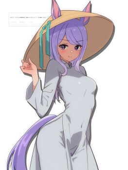 1girl animal_ears ao_dai aqua_bow blush bow commentary_request ear_bow ear_ribbon highres holding horse_ears horse_girl horse_tail long_hair long_sleeves looking_at_viewer mejiro_mcqueen_(umamusume) purple_eyes purple_hair shirt skirt smile solo tail umamusume wa_(wamizest7)