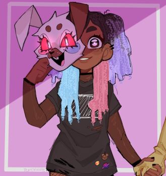 1girl 1other artist_name artist_self-insert black_hair black_nails black_shirt blue_hair character_request commentary dark-skinned_female dark_skin ear_piercing fishnet_pantyhose fishnets five_nights_at_freddy's highres holding holding_hands holding_mask mask multicolored_hair original pantyhose pcktknife piercing pink_hair purple_eyes purple_hair see-through_clothes see-through_shirt shirt signature smile torn_clothes torn_shirt two_side_up vanny_(fnaf)