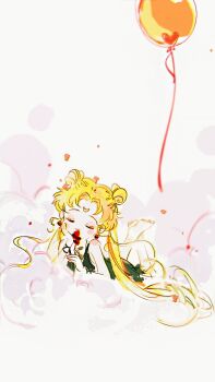 1girl balloon bishoujo_senshi_sailor_moon black_dress blonde_hair closed_eyes crescent crescent_facial_mark double_bun dress eyeshadow facial_mark flower hair_bun holding holding_flower lying makeup mian_lang on_stomach sailor_moon sleeveless sleeveless_dress solo tsukino_usagi