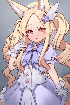 1girl animal_ears blonde_hair blue_archive bow cosplay dress drill_hair extra_ears fox_ears fox_girl fox_tail gloves gradient_background grey_background hair_ornament halo highres long_hair looking_at_viewer miya_(miyaruta) open_mouth puffy_short_sleeves puffy_sleeves purple_bow purple_dress red_eyes reisa_(blue_archive) reisa_(blue_archive)_(cosplay) reisa_(magical)_(blue_archive) seia_(blue_archive) short_sleeves solo star_(symbol) star_hair_ornament tail twin_drills twintails white_gloves white_wrist_cuffs wing_hair_ornament wrist_cuffs yellow_halo