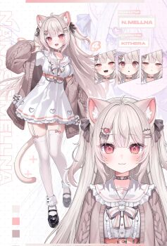 1girl :&lt; :3 :o animal_ears artist_name belt belt_around_waist blush bow breasts cardigan cat_ears cat_girl cat_tail character_name choker closed_mouth collarbone dress full_body half-closed_eyes hand_up heart highres kithera long_hair looking_at_viewer mary_janes medium_breasts multiple_views nanase_mellna off_shoulder open_cardigan open_clothes open_mouth orange_belt petticoat red_eyes sailor_collar shoes short_dress smug solo sweater tail thigh_bow thigh_strap thighhighs upper_body virtual_youtuber white_bow white_dress white_sailor_collar white_thighhighs