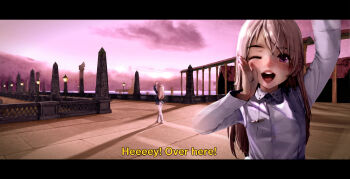 1girl absurdres ass blonde_hair blush boots building cloud day diathorn eila_ilmatar_juutilainen female_focus full_body hand_on_own_face hand_up highres lamppost letterboxed lips loli long_hair looking_at_viewer ocean one_eye_closed outdoors pale_skin pavement purple_eyes sexually_suggestive shouting shouting_with_hands sky solo strike_witches teeth uniform visual_novel waving white_legwear world_witches_series