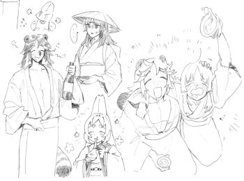 1boy 2girls :d anger_vein animal_ears arm_around_neck arm_up blush bottle chopsticks closed_eyes collarbone cowboy_shot cup dot_nose from_above hand_up hat highres holding holding_bottle holding_chopsticks holding_cup holding_plate long_hair long_sleeves looking_to_the_side medium_hair monochrome multiple_girls multiple_views open_mouth original parted_lips pectoral_cleavage pectorals plate rabbit_ears robe saliva seiza simple_background sitting sketch smile tail unholymilk upper_body white_background wide_sleeves