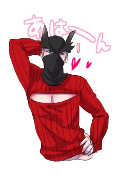 1boy arm_behind_head black_hat bloodborne blue_eyes commentary_request grey_hair hand_on_own_hip hat hunter_(bloodborne) long_sleeves male_focus mask mouth_mask open-chest_sweater pectoral_cleavage pectorals red_sweater short_hair simple_background solo suou_yuuchi sweater upper_body white_background