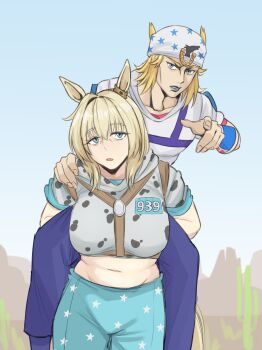 1boy 1girl animal_ears aqua_eyes aqua_pants blonde_hair blue_pants breasts carrying carrying_person day highres horse_ears horse_girl horseshoe_hat_ornament horseshoe_ornament johnny_joestar jojo_no_kimyou_na_bouken large_breasts maven_(madeinheaven_23) midriff navel outdoors pants personification piggyback short_sleeves slow_dancer_(jojo) star_(symbol) star_print steel_ball_run