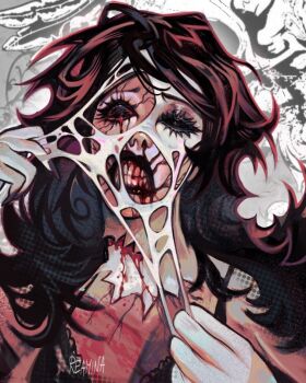 Rule 34 | 1girl, abstract background, artist name, bare shoulders, black bra, black hair, black lips, black nails, blood, blood from mouth, blood from neck, blood on neck, bra, breasts, cleavage, clenched teeth, colored skin, commentary, creepypasta, english commentary, eyelashes, fingernails, furrowed brow, grey background, hair over shoulder, hands up, hollow eyes, horror (theme), jane the killer, lace, lace-trimmed bra, lace trim, long fingernails, long hair, looking at viewer, nail polish, nosebleed, portrait, pulling, reamina art, simple background, small breasts, solo, teeth, two-tone background, underwear, uneven eyes, white background, white skin