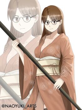 Rule 34 | 1girl, :|, artist name, azumanga daiou, belt, black-framed eyewear, breasts, brown eyes, brown hair, cleavage, closed mouth, collarbone, commentary, cowboy shot, english commentary, floral print, floral print kimono, furisode, furisode sleeves, glasses, highres, holding, holding polearm, holding weapon, japanese clothes, kimono, long hair, long sleeves, looking at viewer, mizuhara koyomi, naoyuki arts, obi, obijime, parted bangs, pink kimono, plunging neckline, polearm, print kimono, round eyewear, sash, serious, side slit, solo, standing, twitter username, v-shaped eyebrows, very long hair, weapon, white background, wide sleeves, yellow belt, yellow sash, zoom layer
