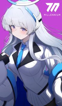 1girl black_pantyhose blue_archive blue_necktie blush breasts caff_(aosui9) commentary dutch_angle formal_clothes halo headgear highres jacket large_breasts long_hair long_sleeves looking_at_viewer mechanical_halo millennium_science_school_logo necktie noa_(blue_archive) pantyhose purple_background purple_eyes shirt skirt smile solo suit two-sided_fabric two-sided_jacket white_hair white_halo white_jacket white_shirt white_skirt white_suit