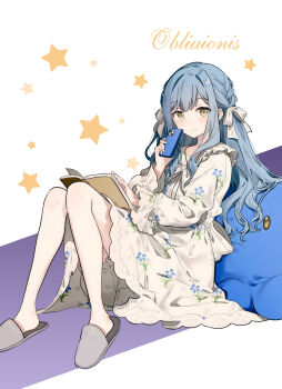 1girl bang_dream! bang_dream!_it's_mygo!!!!! blue_hair blush book bow braid cellphone chinese_commentary closed_mouth commentary_request couch dress english_text floral_print frills full_body hair_bow hair_ribbon highres holding holding_book holding_phone long_hair long_sleeves looking_at_viewer migolu open_book phone ribbon sitting slippers smartphone smile solo star_(symbol) togawa_sakiko twitter_username white_background white_dress white_ribbon yellow_eyes