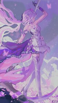 1girl absurdres arm_up asymmetrical_legwear bare_shoulders black_tiara bow bug butterfly castorice_(honkai:_star_rail) closed_mouth dress echidnas facing_to_the_side full_body gloves high_heels highres honkai:_star_rail honkai_(series) insect long_hair pantyhose pointy_ears purple_butterfly purple_eyes purple_gloves purple_hair scythe shoes solo standing thighhighs tiara uneven_legwear very_long_hair white_bow white_dress white_pantyhose white_shoes white_thighhighs