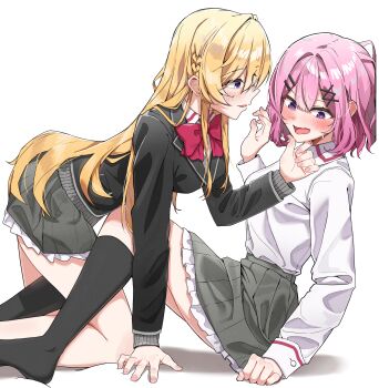 2girls @_@ absurdres amaori_renako black_jacket black_socks blazer blonde_hair blue_eyes bow bowtie commentary grey_skirt hand_on_another&#039;s_chin highres jacket long_hair long_sleeves looking_at_another medium_hair multiple_girls open_mouth ouzuka_mai parted_lips pink_bow pink_bowtie pink_hair purple_eyes sh1_uu1 shirt simple_background skirt smile socks watashi_ga_koibito_ni_nareru_wake_naijan_murimuri! white_background white_shirt yuri