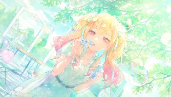 Rule 34 | 1girl, :o, belt, blonde hair, blowing bubbles, blue dress, blue ribbon, blue sky, blue theme, bracelet, breasts, bubble, bubble pipe, chair, cloud, collarbone, colorful palette, day, dress, dutch angle, floral print, flower, flower bracelet, game cg, green theme, hair ribbon, half-closed eyes, hands up, high collar, highres, holding, house, jewelry, lace, lace-trimmed dress, lace trim, light blush, looking at viewer, medium hair, official alternate costume, official art, open mouth, outdoors, pastel colors, path made by faith (project sekai), pink eyes, pink hair, project sekai, ribbon, short sleeves, sky, small breasts, solo, table, tenma saki, third-party source, tree, twintails, upper body, wavy hair, wavy sidelocks, white flower