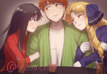1boy 2girls black_hair blonde_hair commentary_request emiya_shirou emiya_shirou_(unlimited_blade_works) fate/stay_night fate/unlimited_blade_works fate_(series) girl_sandwich grabbing_another's_arm highres hug iida_toyoyuki jealous long_hair luviagelita_edelfelt messy_hair multiple_girls orange_hair sandwiched sweater tohsaka_rin tohsaka_rin_(unlimited_blade_works)