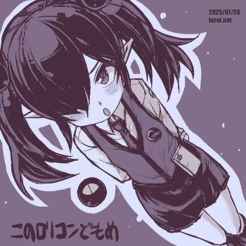 1girl :o backbeako_(torotei) backbeard blush commentary_request cosplay dated dated_commentary dutch_angle gegege_no_kitarou hair_ornament hair_over_one_eye hoshino_ruri hoshino_ruri_(cosplay) kidou_senkan_nadesico kono_lolicon_domome long_hair long_sleeves looking_at_viewer monochrome necktie open_mouth original paid_reward_available pencil_skirt pointy_ears purple_background purple_theme shirt simple_background skirt solo sphere_hair_ornament torotei translated twintails vest watermark web_address