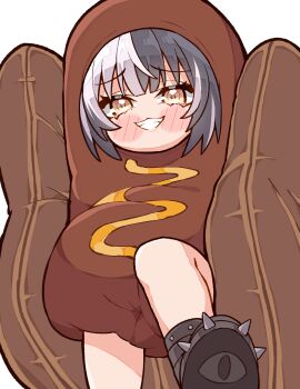 1girl black_boots black_hair boots grey_hair grin highres hololive hololive_english hot_dog_costume kukie-nyan looking_at_viewer multicolored_hair shiori_novella simple_background smile solo spiked_boots split-color_hair teeth two-tone_hair virtual_youtuber white_background yellow_eyes