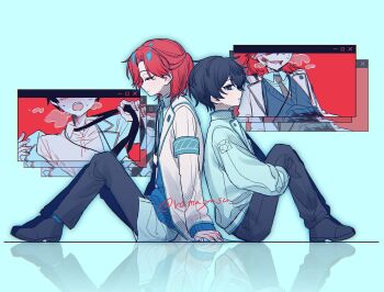 Rule 34 | 2boys, armband, back-to-back, black hair, black pants, black shoes, blood, blue armband, breath, closed eyes, clothes grab, collared shirt, commentary request, dress shirt, half updo, highres, hugging own legs, hyoutenka 30-do no zetsubou, injury, knees up, kuchinashi dabi, lapels, male focus, mole, mole under eye, multiple boys, necktie, necktie grab, neckwear grab, pants, red hair, ro ma ya su, sharp teeth, shirt, shoes, sitting, smile, teeth, tonimura yui, window (computing)