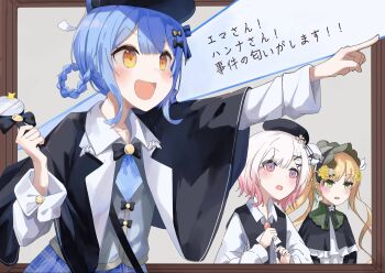 3girls :d beret black_capelet black_hat blonde_hair blue_hair border braid braided_hair_rings brown_border capelet commentary_request deerstalker detective flower gradient_hair green_eyes hair_ornament hair_rings hand_up hat highres holding holding_magnifying_glass lolita_fashion long_hair long_sleeves looking_to_the_side magnifying_glass mahou_shoujo_no_majo_saiban multicolored_hair multiple_girls open_mouth outstretched_arm pink_eyes pink_hair pointing pointing_to_the_side rose sakuraba_ema short_hair smile tachibana_sherry tono_hanna toto_(illustototo) translation_request twintails v-shaped_eyebrows white_hair x_hair_ornament yellow_eyes yellow_flower yellow_rose