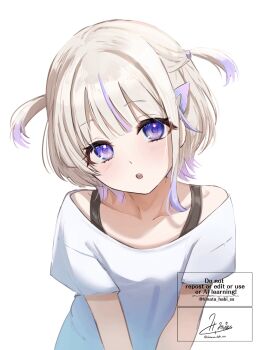 1girl alternate_costume blonde_hair collarbone hashtag-only_commentary highres hinata_habi hololive hololive_dev_is looking_at_viewer multicolored_hair open_mouth purple_eyes purple_hair shirt short_hair signature simple_background solo streaked_hair todoroki_hajime twitter_username two_side_up virtual_youtuber watermark white_background white_shirt