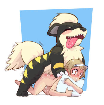 1boy 1girl absurdres all_fours alternate_color alternate_fur_color ass bestiality black_fur blonde_hair blue_background blush brown_eyes butt_crack closed_eyes completely_nude confused drooling eyebrows eyelashes from_side full-face_blush full_body gen_1_pokemon growlithe hat hetero highres hugging_object loli looking_afar motion_lines mr-e nintendo nude open_mouth original parted_lips pillow pillow_hug pokemon pokemon_(creature) pokephilia scared sex sex_from_behind shiny_pokemon short_hair simple_background solo_focus surprised tears toes tongue tongue_out two-tone_background two-tone_fur visor_cap white_background white_hat