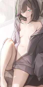 1girl blue_eyes breasts brown_hair commission genek green_hair highres jacket looking_at_viewer medium_hair multicolored_hair naked_jacket open_clothes open_jacket original sitting skeb_commission small_breasts solo streaked_hair two-tone_hair zipper_pull_tab