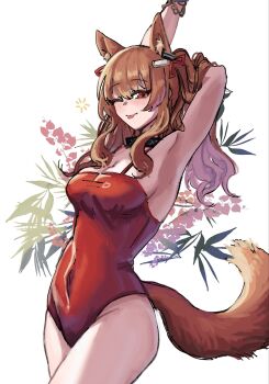 1girl angelina_(arknights) angelina_(summer_flower)_(arknights) animal_ear_fluff animal_ears arknights armpits arms_behind_head arms_up black_collar blush breasts brown_hair casual_one-piece_swimsuit collar commentary covered_navel cowboy_shot dot_nose flower fox_ears fox_girl fox_tail hair_ribbon highres infection_monitor_(arknights) long_hair looking_at_viewer medium_breasts official_alternate_costume one-piece_swimsuit one_eye_closed red_eyes red_one-piece_swimsuit red_ribbon ribbon solo spaghetti_strap stretching swimsuit symbol-only_commentary tail tongue tongue_out twintails yuec
