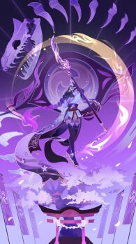 1girl abstract_background absurdres arm_up asymmetrical_sleeves black_panties black_thighhighs blunt_bangs bone braid breasts bridal_gauntlets cherry_blossoms cleavage closed_mouth commentary english_commentary engulfing_lightning_(genshin_impact) falling_petals fan_hair_ornament floating from_side genshin_impact glowing glowing_hair gradient_background gradient_hair hair_flowing_over hair_ornament hasharakl highres holding holding_polearm holding_weapon japanese_clothes kimono large_breasts long_braid long_hair looking_to_the_side low-braided_long_hair low-tied_long_hair mitsudomoe_(shape) multicolored_hair musou_isshin_(genshin_impact) off_shoulder panties petals polearm purple_background purple_eyes purple_hair purple_kimono raiden_shogun red_sash sash single_braid skull slashing solo streaked_hair thighhighs thighs tomoe_(symbol) torii tree underwear uneven_sleeves weapon wide_sleeves