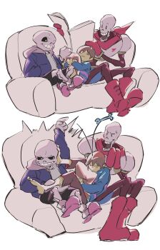 1other 2boys absurdres age_progression aged_up annoyed arm_up barefoot before_and_after black_sclera blue_jacket bone book boots brown_hair brown_pants cape closed_eyes colored_sclera colored_skin couch foot_on_another's_face frisk_(undertale) full_body gloves grin hand_in_pocket highres holding holding_book holding_pillow jacket knee_boots multiple_boys multiple_views on_couch open_mouth pants papyrus_(undertale) pillow pink_slippers red_boots red_cape red_gloves sans_(undertale) short_hair simple_background sitting slippers smile udohepu undertale utdr_(toby_fox) white_background white_skin