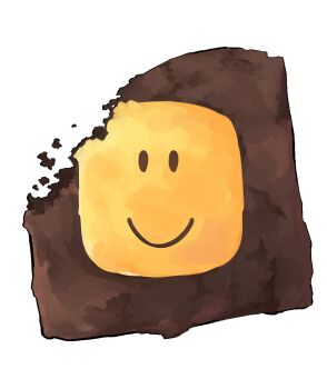 bite_mark brownie_(food) character-themed_food commentary crumbs english_commentary food_focus highres himochuu no_humans noob_(roblox) roblox simple_background smile white_background