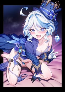 1girl absurdres ahoge asymmetrical_gloves barefoot black_gloves blue_bra blue_eyes blue_gloves blue_hair blue_hat blue_jacket blush bottomless bra breasts collarbone comiket_105 cowlick drop-shaped_pupils eyelash_ornament furina_(genshin_impact) genshin_impact gloves hair_between_eyes half_gloves hat heterochromia highres jacket long_sleeves looking_at_viewer m-da_s-tarou mismatched_gloves mismatched_pupils multicolored_hair navel open_mouth short_hair single_bare_shoulder single_off_shoulder small_breasts solo streaked_hair symbol-shaped_pupils thigh_strap top_hat underwear v white_hair