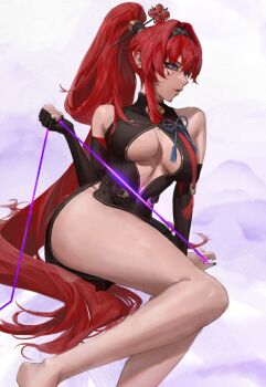 1girl adapted_costume bare_legs bare_shoulders black_dress black_gloves black_hairband breasts circle_facial_mark cleavage commentary covered_navel dress elbow_gloves english_commentary feet_out_of_frame flower_hairband from_side gloves hair_intakes hair_ornament hairband hairpin high_ponytail highres holding holding_strap holding_string john_silva_(artist) large_breasts long_hair looking_ahead parted_lips pointy_ears ponytail purple_eyes red_hair side_slit sitting solo string very_long_hair wuthering_waves yinlin_(wuthering_waves) yokozuwari