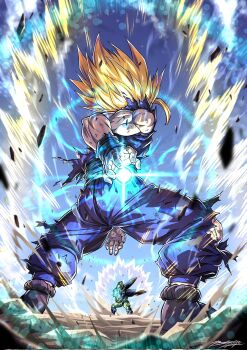 2boys artist_name blonde_hair boyerjorys camera_flash cell_(dragon_ball) dragon_ball dragon_ball_(classic) earth_(ornament) faceless fighting full_body glowing highres multiple_boys outdoors sky son_gohan standing wind