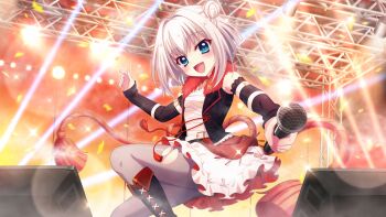 1girl :d arm_belt belt black_boots black_sleeves black_vest blue_eyes blush boots breasts concert detached_sleeves dot_nose film_grain fur_trim game_cg grey_pantyhose hair_bun hair_intakes holding holding_microphone izumi_tsubasu jumping layered_skirt lens_flare medium_hair microphone multiple_belts nishidate_haku non-web_source official_art open_mouth pantyhose re:stage! red_skirt red_trim rope sarashi shimenawa single_side_bun skirt small_breasts smile solo sparkle stage stage_lights star_(symbol) vest white_belt white_hair white_skirt