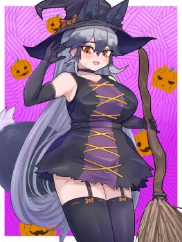 1girl animal_ears aramaru black_hair black_hat blush bow breasts broom dress elbow_gloves extra_ears fox_ears fox_tail garter_straps gloves grey_hair hair_between_eyes halloween halloween_costume hat highres holding holding_broom jack-o&#039;-lantern kemono_friends large_breasts large_hat long_hair looking_at_viewer multicolored_hair open_mouth pumpkin silver_fox_(kemono_friends) smile solo tail thighhighs witch witch_hat