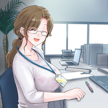 1girl 3d_background :d book book_stack bra breasts brown_hair chair closed_eyes computer computer_keyboard facing_viewer glasses highres indoors lanyard laptop large_breasts office_lady open_mouth original pen plant ponytail see-through_clothes senda_kouji sitting smile underwear