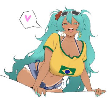 1girl :d absurdres ahoge aqua_eyes aqua_nails bikini bikini_tan bikini_under_clothes blue_bikini blue_shorts blush brazilian_flag brazilian_flag_print brazilian_miku breasts brown_flower cleavage collarbone cowboy_shot crop_top cutoffs dark-skinned_female dark_skin earrings eyewear_on_head fingernails flag_print flower hair_between_eyes hair_flower hair_ornament half-closed_eyes halterneck hatsune_miku heart highres jewelry large_breasts leaning_forward long_hair looking_at_viewer micro_shorts nail_polish navel open_clothes open_fly open_mouth open_shorts peace_peace009 print_shirt shirt short_sleeves shorts side-tie_bikini_bottom simple_background smile solo speech_bubble spoken_heart standing stomach string_bikini sunglasses swimsuit tan tanline teeth twintails upper_teeth_only very_long_hair vocaloid wavy_hair white-framed_eyewear white_background yellow_shirt