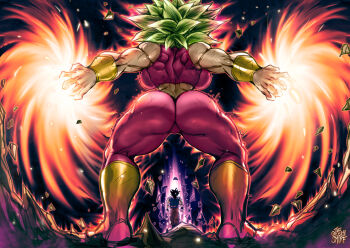 ass aura backboob blonde_hair bracelet breasts crop_top debris dragon_ball dragon_ball_super energy floating floating_object from_behind glowing green_hair highres huge_breasts impossible_clothes jewelry kefla_(dragon_ball) muscular muscular_female open_hands son_goku spiked_hair the_golden_smurf thick_thighs thighs tournament_of_power ultra_instinct