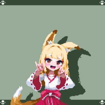 1girl animal_ears animated animated_gif birdman46049238 brown_eyes double_fox_shadow_puppet fox_ears fox_girl fox_shadow_puppet fox_tail grey_background hakama hakama_skirt japanese_clothes kimono looking_at_viewer looping_animation miko original red_skirt ribbon-trimmed_sleeves ribbon_trim simple_background skirt solo tail white_kimono