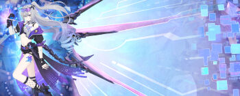 1girl absurdres bare_shoulders black_gloves blue-tinted_eyewear closed_mouth commentary_request drill_hair drill_ponytail eyewear_on_head fingerless_gloves fingernails full_body gloves gradient-tinted_eyewear grey_eyes grey_hair highres holding honkai:_star_rail honkai_(series) jacket long_hair looking_at_viewer mechanical_wings navel open_clothes open_jacket purple-tinted_eyewear shirt silver_wolf_(honkai:_star_rail) silver_wolf_(lv.999)_(honkai:_star_rail) smile solo stomach thigh_strap tinted_eyewear w-baiye white_shirt wings