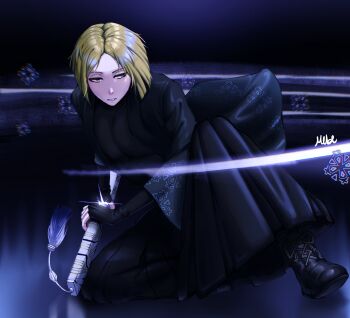 Rule 34 | 1boy, alphamob200x, attack trail, battoujutsu stance, black background, black boots, black gloves, black hakama, black haori, black pants, black shirt, black sleeves, blunt ends, boots, elbow gloves, eyelashes, fighting stance, floral print sleeves, full body, glint, gloves, hakama, hakama pants, haori, highres, holding, holding sheath, holding sword, holding weapon, iaidou, japanese clothes, lace-up boots, limbus company, long sleeves, looking to the side, male focus, on one knee, pants, parted bangs, parted lips, pink lips, pinky (identity) (project moon), pleated pants, project moon, ready to draw, sheath, sheathed cut, shirt, signature, sinclair (project moon), slashing, solo, sword, sword tassel, tassel, tsurime, undershirt, unsheathing, weapon, white mouth, yellow eyes